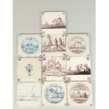 A COLLECTION OF TEN EARLY DELFT MANGANESE AND BLUE AND WHITE TILES. 13cm x 13cm.