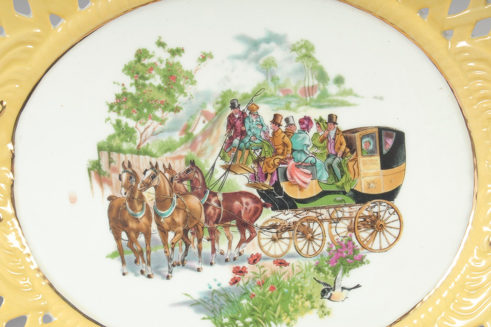 A SET OF FOUR CONTINENTAL YELLOW GROUND OVAL STAGECOACH DISHES. 12ins wide. - Image 5 of 6