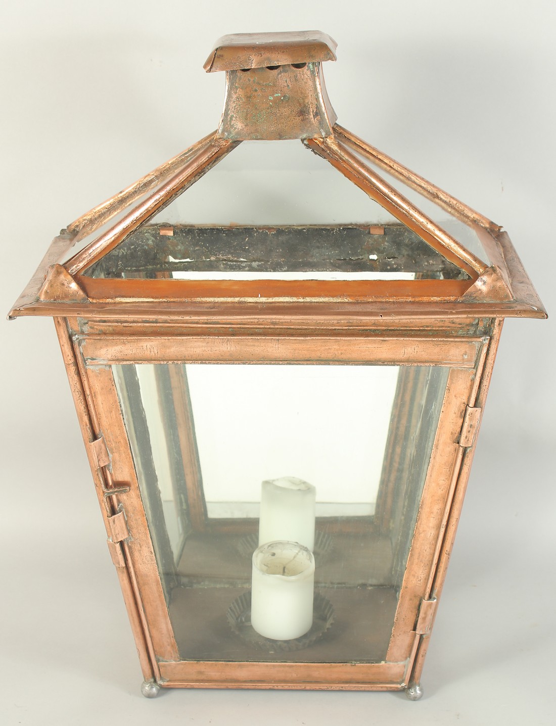 A COPPER MIRROR BACK LANTERN. 1ft 10ins high.