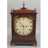 A GOOD REGENCY MAHOGANY CASED BRACKET CLOCK with brass inlay and finial, white circular dial. London