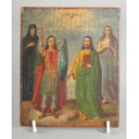 A SMALL WOODEN ICON with four figures. 3.5ins x 4.5ins.