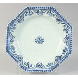 A GOOD 18TH CENTURY CONTINENTAL BLUE AND WHITE OCTAGONAL CHARGER. 14ins diameter.