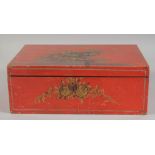 A GOOD RED LACQUERED CHINOISERIE BOX AND COVER. 11ins long.