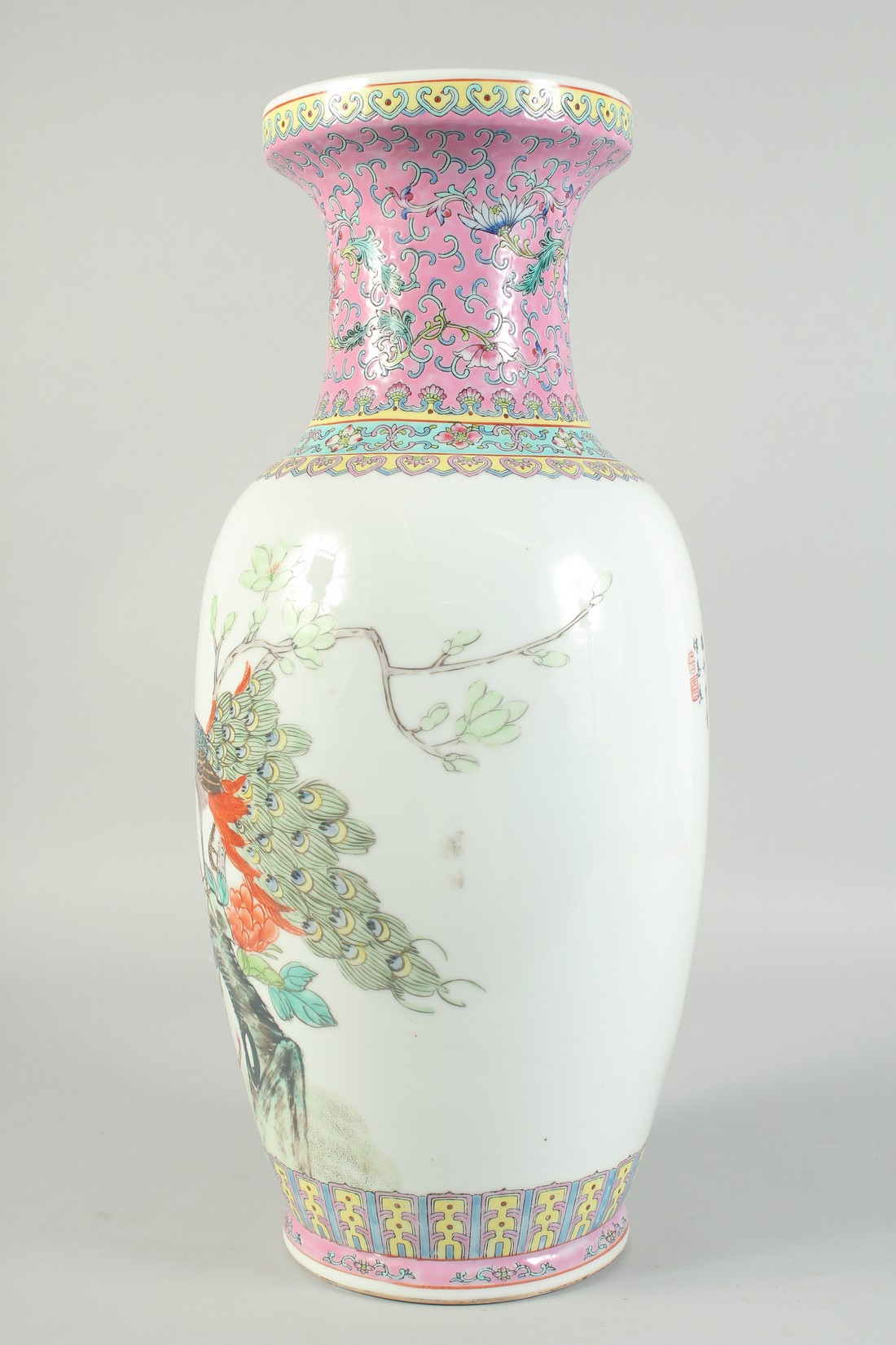 A CHINESE PORCELAIN REPUBLIC VASE with birds and calligraphy. 19ins high. - Image 4 of 5