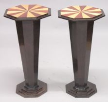 A PAIR OF TWO TONE OCTAGONAL DECO STYLE TABLES. 2ft 7ins high, 1ft 4ins diameter.