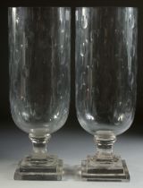 A GOOD PAIR OF OVAL CUT GLASS HURRICANE LAMPS on square bases. 15.5ins high.