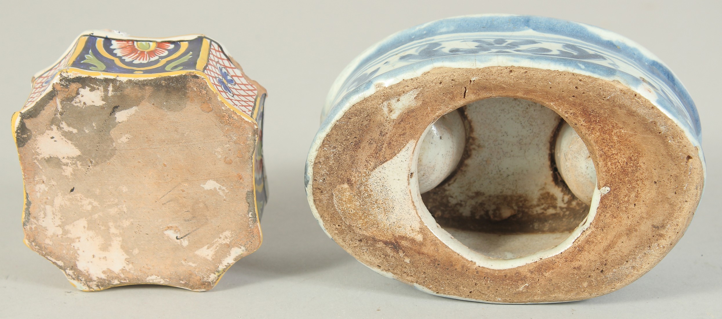 TWO FAIENCE TIN GLAZE INK POTS, one blue and white with two ink pots, the other coloured with one - Image 3 of 3