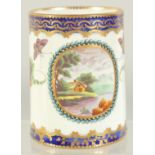 A GOOD WORCESTER PORCELAIN TANKARD, blue and gilt borders, painted with fruit, butterflies and a