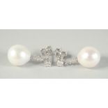 A PAIR OF 18CT WHITE GOLD PEARL AND DIAMOND DROP EARRINGS.