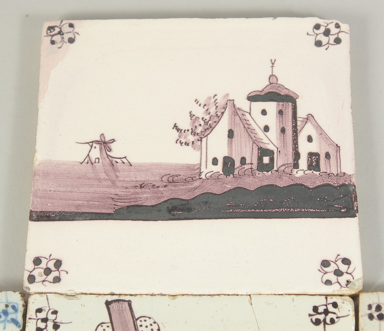 A COLLECTION OF TEN EARLY DELFT MANGANESE AND BLUE AND WHITE TILES. 13cm x 13cm. - Image 2 of 5
