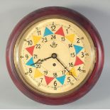A REPLICA R A F WALL CLOCK with coloured dial and mahogany case. 9ins diameter.