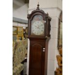 A 19TH CENTURY MAHOGANY LONGCASE CLOCK with eight day movement, painted arch dial depicting a