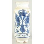 A DELFT BLUE AND WHITE TIN GLAZE DRUG JAR. "TARTARVN". 10in high.