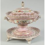 A SEVRES STYLE PINK TUREEN, COVER AND STAND on four claw feet.