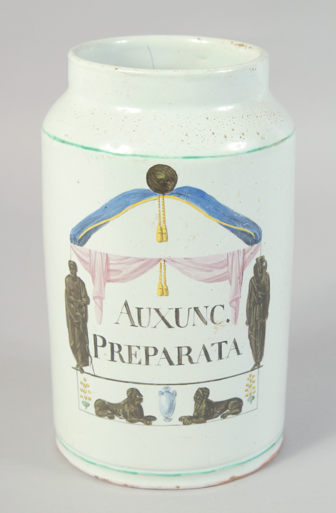 AN 18TH CENTURY CONTINENTAL TIN GLAZE DRUG JAR "AUXUNC PREPARATA" 8ins high.