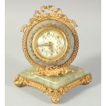 A GOOD SMALL 19TH CENTURY GILT METAL AND AGATE CLOCK with diamante surround dial. 5.5ins high.