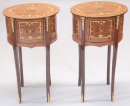 A PAIR OF OVAL INLAID BEDSIDE TABLES with three drawers on curving legs. 2ft 4ins high, 1ft 4ins