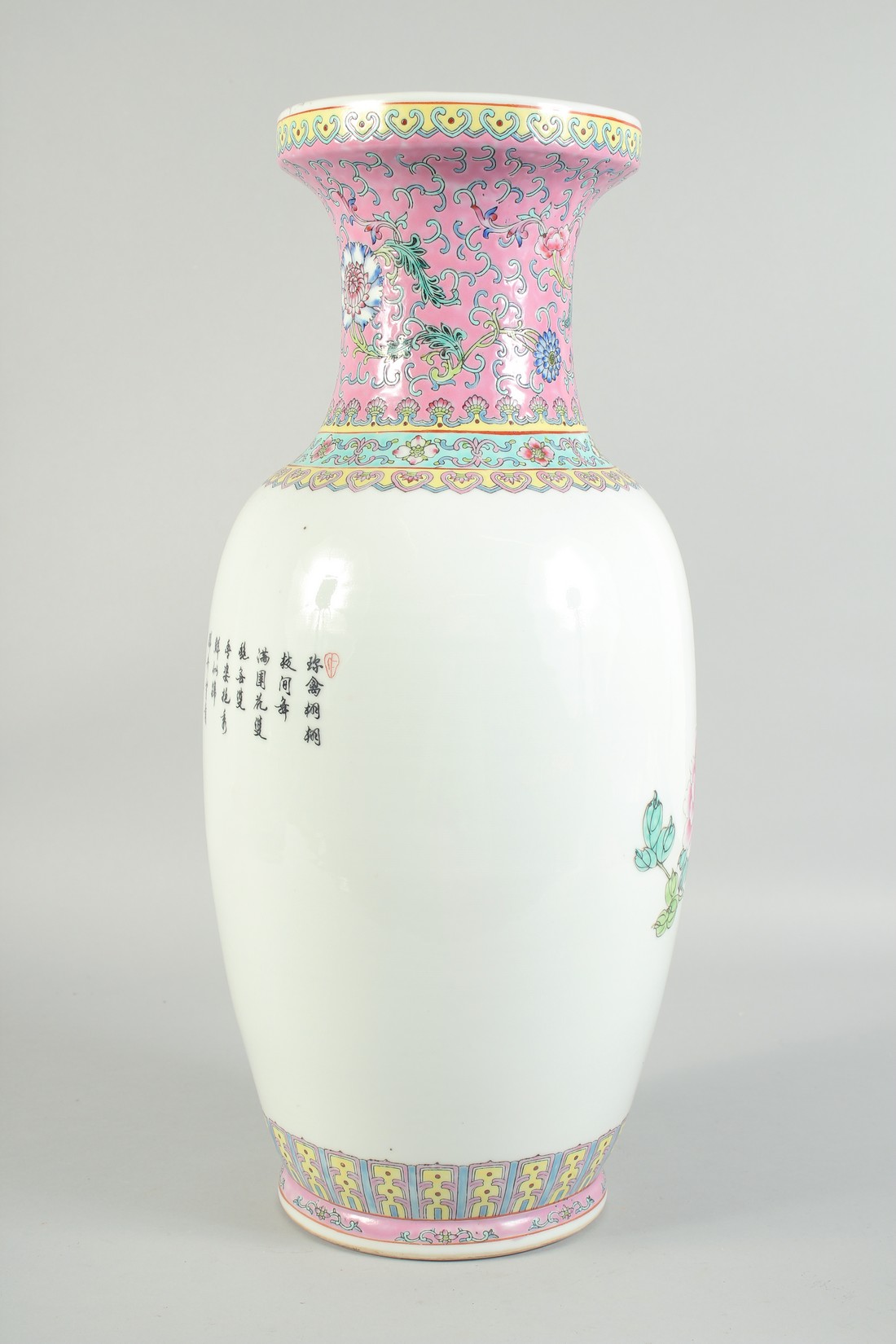 A CHINESE PORCELAIN REPUBLIC VASE with birds and calligraphy. 19ins high. - Image 2 of 5