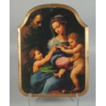 A WOODEN PLAQUE, HOLY FAMILY. 17ins x 12ins.