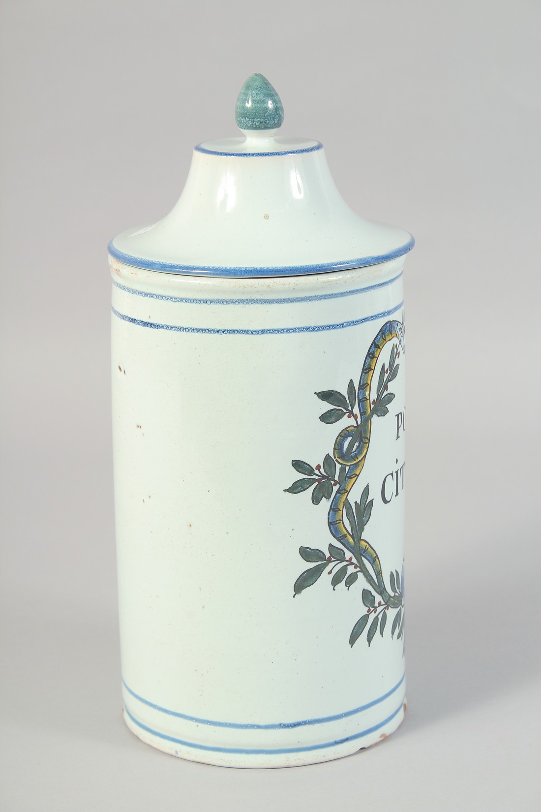 AN 18TH CENTURY CONTINENTAL TIN GLAZE DRUG JAR. "POMAT CITRINUM" 11ins high. - Image 2 of 7