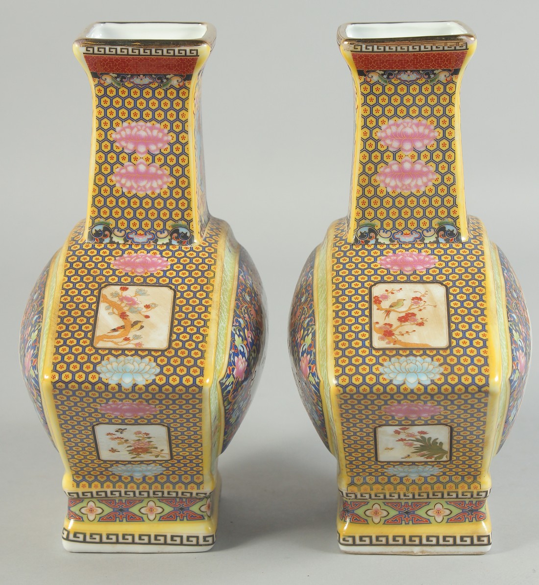 A PAIR OF CHINESE PORCELAIN FAN SHAPED VASES. 8.5ins high. - Image 2 of 6