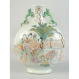 A CHINESE PORCELAIN MOON FLASK painted with figures and calligraphy. 13ins high.