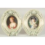 A VERY GOOD PAIR OF PORCELAIN OVAL MINIATURES of ladies. 3.24ins x 2.25ins in BELLEEK OVAL PORCELAIN