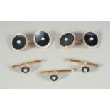 A 18CT WHITE GOLD BLACK AND PEARL DRESS STUDS AND CUFF LINKS. Boxed Ryfie - Birki Toronto.