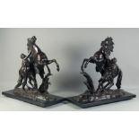AFTER GUILLAUME COUSTOU. A SUPERB LARGE PAIR OF BRONZE CHEVAL DE MARLEY. Signed. 1ft 9ins high,