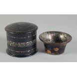 A CIRCULAR BOX AND COVER 3ins diameter AND A METAL LINED LACQUER BOWL 3ins diam. (2).