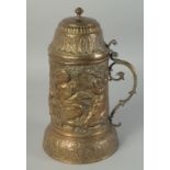 A GOOD 18TH CENTURY DUTCH METAL FLAGON repousse with cupids. 1ft high.