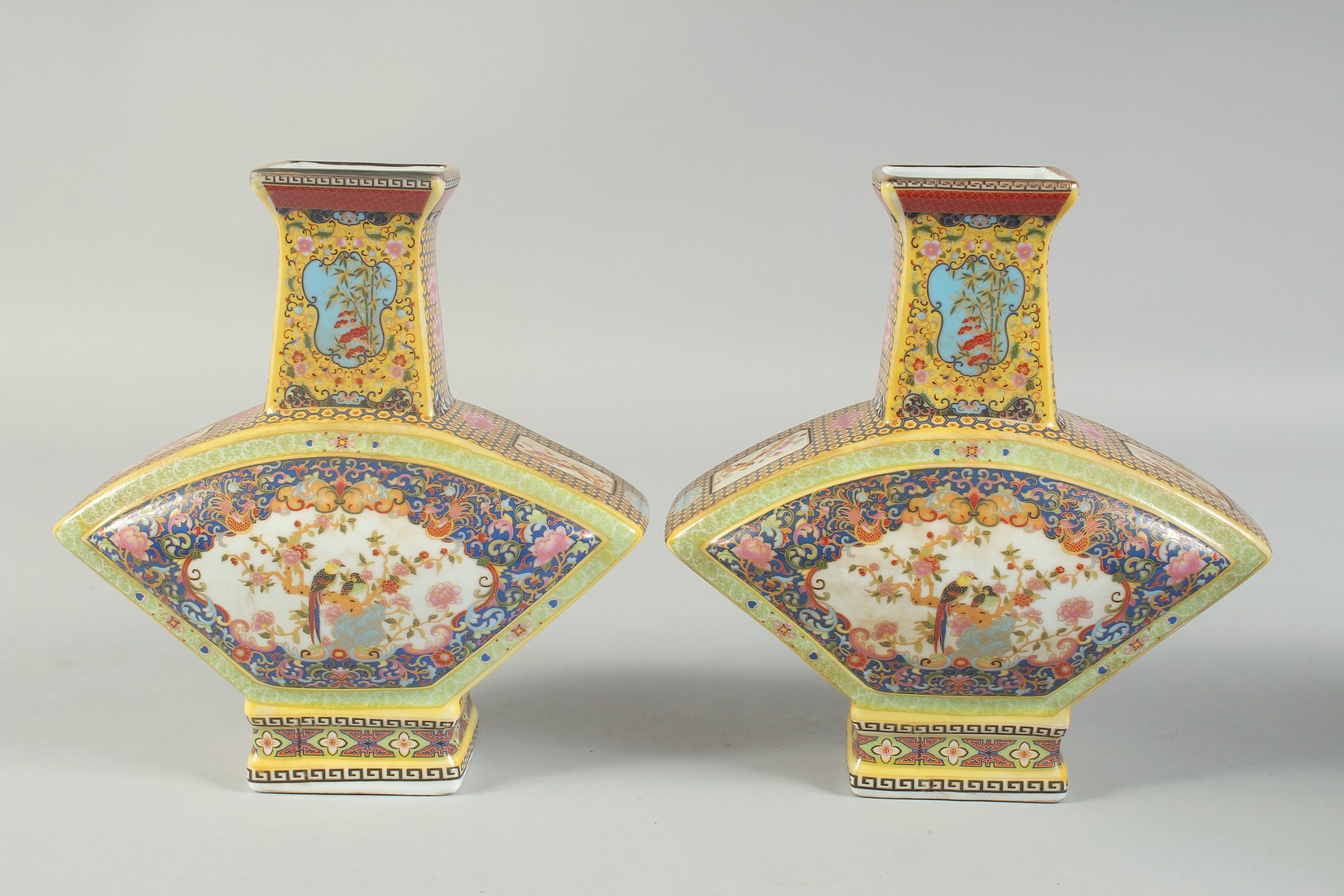 A PAIR OF CHINESE PORCELAIN FAN SHAPED VASES. 8.5ins high. - Image 3 of 6