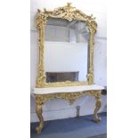 A SUPERB LARGE 18TH AND 19TH CENTURY GILTWOOD MARBLE TOP CONSOLE AND MIRROR, the mirror with