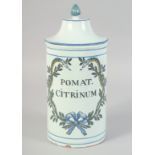 AN 18TH CENTURY CONTINENTAL TIN GLAZE DRUG JAR. "POMAT CITRINUM" 11ins high.