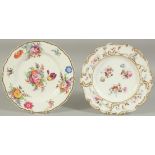 TWO ENGLISH PORCELAIN PLATES painted with flowers. 9ins & 8.5ins diameter.