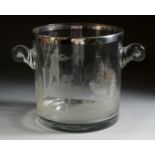 A GOOD CONTINENTAL GLASS ICE BUCKET engraved with a deer with plated rim. 7ins diameter.