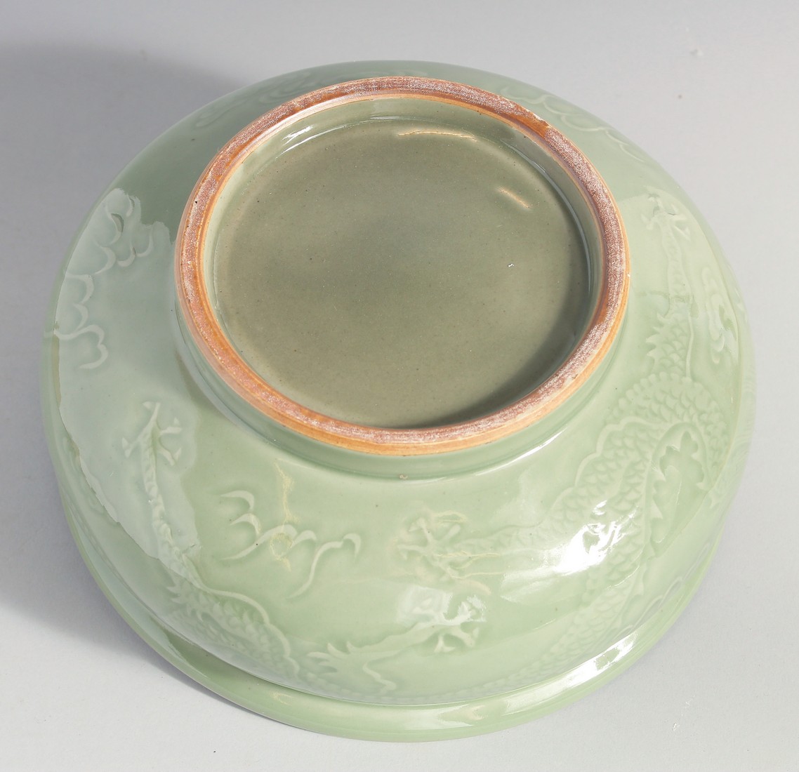 A LARGE CHINESE CELADON GLAZE BOWL, carved with dragon and the flaming pearl of wisdom, 25.5cm - Image 2 of 5