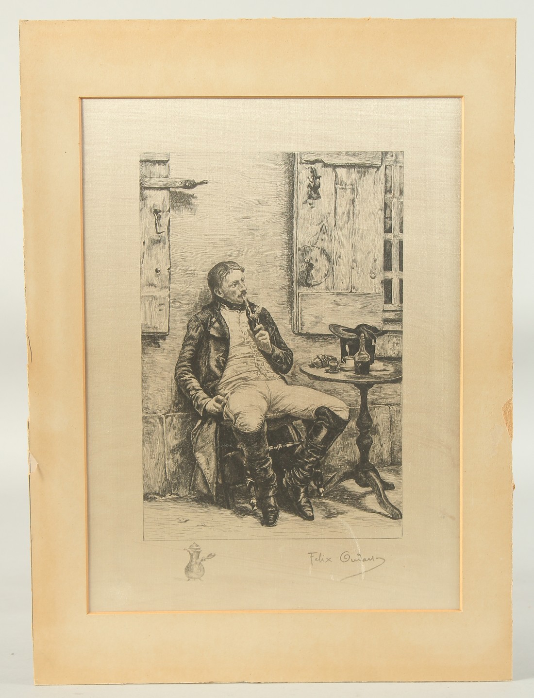 Felix Oudart (19th/20th Century), a print of a gentleman smoking a pipe, print on silk, signed in