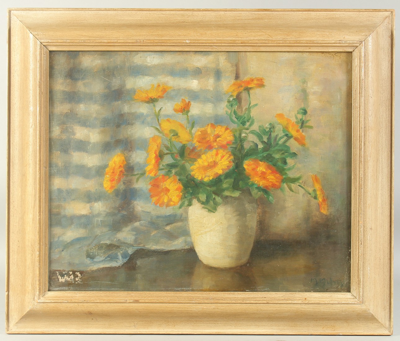 Matilda Mulvey (20th Century) A still life of Marigolds in a cream vase, oil on canvas, signed,