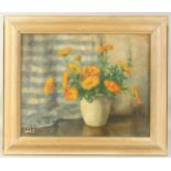 Matilda Mulvey (20th Century) A still life of Marigolds in a cream vase, oil on canvas, signed,