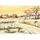 20th Century German School, Hares feeding in a snow-covered landscape on the edge of a village at