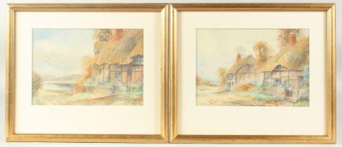 E. Potter, Thatched cottages with flowers in bloom, watercolours, both signed, 6.5" x 9.5", (16.