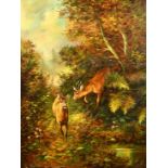 20th Century German School, two deer on an autumnal woodland path, oil on canvas, indistinctly