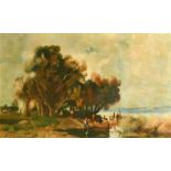 Kelemen (Early 20th Century), figures gathered by the water's edge, oil on canvas, signed, 29.5" x