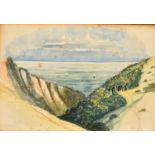 Circle of William Dyce, A cliff top coastal path overlooking a bay, watercolour, 3.5" x 5.25", (