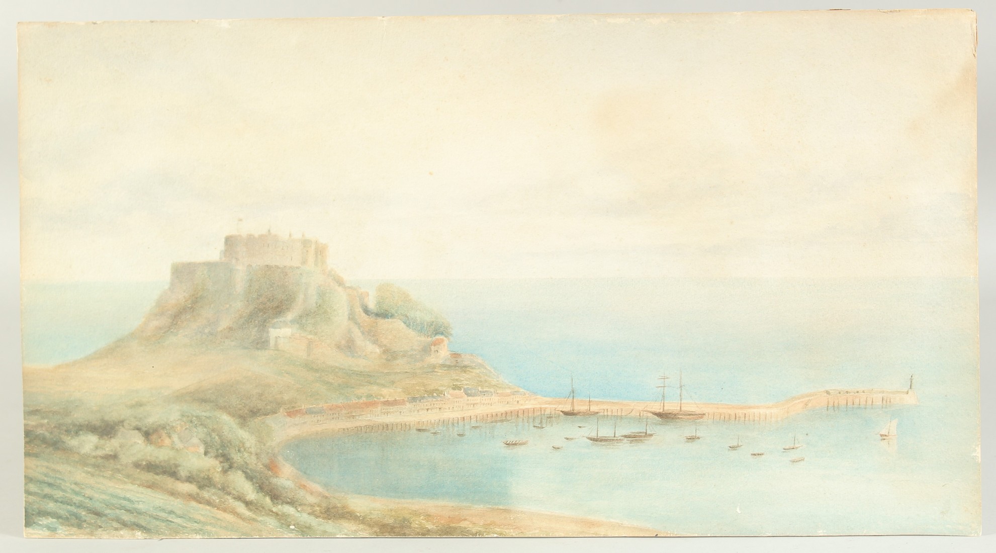 English School (19th/20th Century), A view of Corey castle and harbour, Jersey, watercolour, 10.5" x