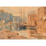 Frank Kelsey (1864-1932) British, sailboats moored at a quay, watercolour, signed, 9.5" x 13.5", (24