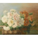 Early 20th Century, A still life of flowers in a wicker basket, oil on canvas, 20" x 24", (