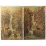 J. Lewis, early 20th Century, a pair of unframed oil on canvas scenes of a stag standing by a