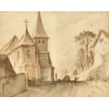 Attributed to Willem Schellinks (1627-1678), village scene with a figure by a church, ink and